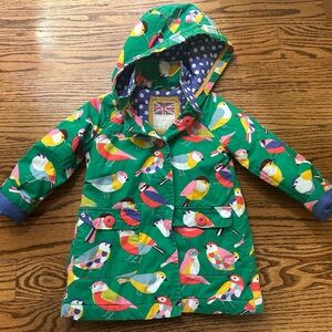 EUC Mini Boden Green Bird Print Hooded Coat, Sz 2-3